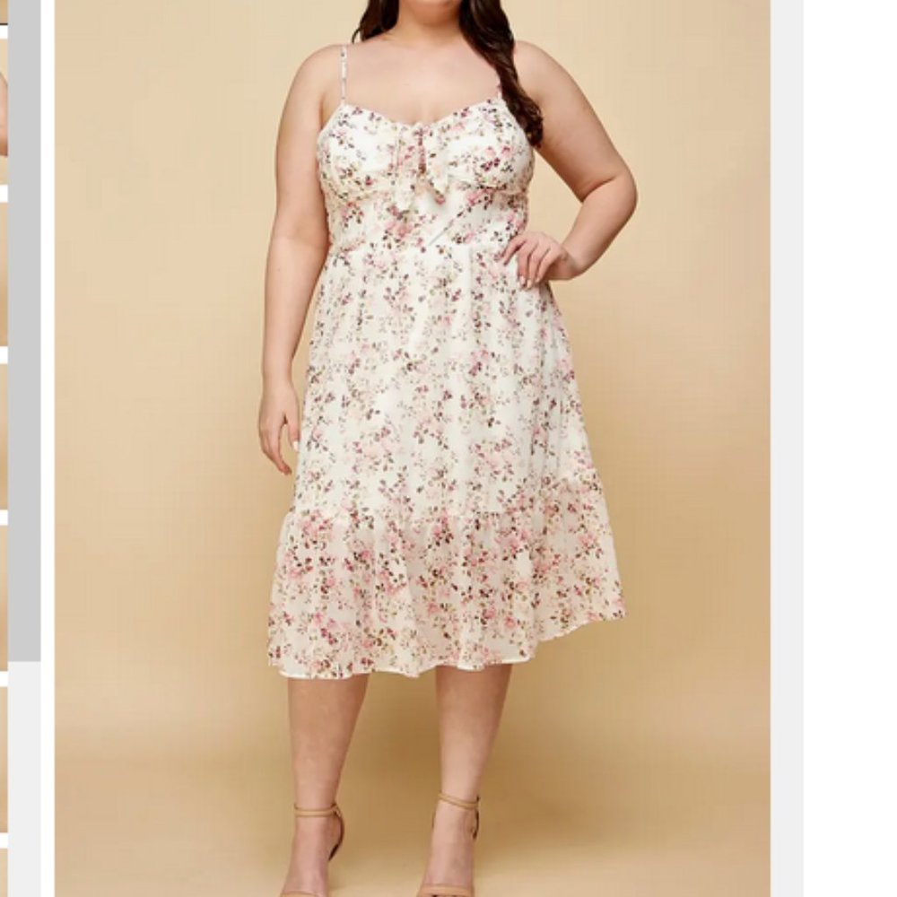 NWT Plus Size Ivory Floral Chiffon Midi Spaghetti Strap Summer Dress